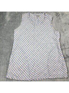 Flax Top Small Blue Cream Bias Cut Linen Lagenlook Beachy Tunic Pockets